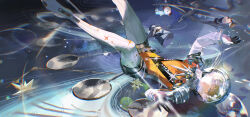 1girl :o absurdres astronaut blonde_hair blue_background blue_eyes doll full_body hands_up helmet highres kiperina legs_up looking_at_viewer lying on_back reverse:1999 solo space_helmet spacesuit upside-down yi_fen_ta