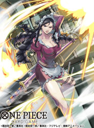 Rule 34 | 1girl, baby 5, black hair, cigarette, commentary request, copyright name, dress, drill hair, fire, high heels, holding, holding sword, holding weapon, kicori, long hair, long sleeves, maid headdress, official art, one piece, one piece card game, purple dress, sidelocks, solo, standing, standing on one leg, sword, thigh strap, weapon