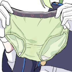 Rule 34 | 1girl, blue archive, gloves, green hair, green panties, highres, himitsu ni shitoite ageru, holding, holding panties, holding underwear, holding unworn clothes, nozomi (blue archive), panties, presenting removed panties, simple background, steam, steaming clothes, underwear, unworn panties, white background, white gloves