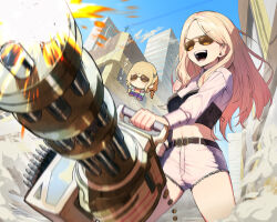 2girls absurdres blonde_hair building chibi chibigurumi city firing fujita_kotone gakuen_idolmaster gatling_gun gun highres holding holding_gun holding_weapon idolmaster inoshishi969 jacket juo_sena long_hair long_sleeves midriff minigun multicolored_hair multiple_girls navel open_mouth outdoors pink_hair short_shorts shorts smile streaked_hair sunglasses two-tone_hair weapon white_jacket white_shorts