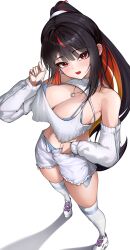 1girl ahoge bare_shoulders black_hair blue_bra blue_panties blush bra breasts cleavage clothing_cutout crop_top cropped_shirt detached_sleeves goddess_of_victory:_nikke haerang halterneck high_ponytail highres jewelry large_breasts long_hair long_sidelocks long_sleeves midriff moran_(nikke) moran_(off-duty_queen)_(nikke) multicolored_hair navel necklace open_mouth panties ponytail red_hair shirt shorts sidelocks streaked_hair thighhighs underwear white_sleeves