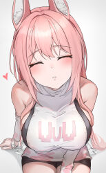1girl animal_ear_fluff animal_ears arm_support bare_shoulders black_shorts blush breasts closed_eyes commentary detached_sleeves from_above goddess_of_victory:_nikke hatenoga heart incoming_kiss large_breasts leona_(nikke) long_hair pink_hair shirt short_shorts shorts simple_background sitting solo turtleneck turtleneck_shirt white_background white_shirt