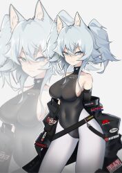 Rule 34 | 1girl, :3, anchorage akiko, animal ears, black jacket, black leotard, blue eyes, blue hair, breasts, detached sleeves, girls&#039; frontline, hair between eyes, highres, jacket, large breasts, leotard, looking at viewer, off shoulder, open clothes, open jacket, pa-15 (girls&#039; frontline), pantyhose, sideboob, simple background, solo, twintails, v-shaped eyebrows, white background, white pantyhose, zoom layer