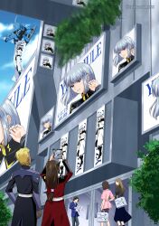 Rule 34 | blonde hair, blue eyes, brown hair, dark-skinned male, dark skin, dearka elsman, gundam, gundam seed, gundam seed freedom, happy birthday, highres, long hair, long sleeves, mikami xsx, military, military uniform, multiple boys, multiple girls, open mouth, shiho hahnenfuss, short hair, white hair, yzak joule, zaft uniform