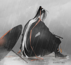 1boy black_boots black_hair black_hanfu boots chinese_clothes english_text flute from_behind full_body grey_background hair_ribbon hanfu holding holding_flute holding_instrument instrument long_hair long_sleeves male_focus modao_zushi monochrome oil-paper_umbrella ponytail rain red_ribbon red_umbrella ribbon sitting solo spot_color tassel twitter_username umbrella very_long_hair water wei_wuxian ykmr_(haga)