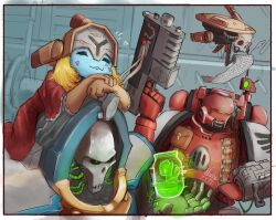 Rule 34 | 1girl, 2boys, :3, armor, blonde hair, blood ravens, blush, bolter, cape, fallout, gun, helmet, highres, holding, holding gun, holding weapon, hologram, imminent theft, maffi1996, mason jar, meme, multiple boys, my little pony, my little pony: friendship is magic, necron, pauldrons, pip boy, piss bottle, power armor, rainbow dash, robot, servo-skull, shoulder armor, skull, smile, t&#039;au, t&#039;au drone, trait connection, trazyn the infinite, warhammer 40k, weapon