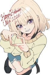 1girl absurdres bang_dream! bang_dream!_it&#039;s_mygo!!!!! blonde_hair blue_shorts clenched_teeth commentary english_commentary four-finger_heart_hands hair_between_eyes happy_birthday heart heart_hands highres long_sleeves looking_at_viewer masruu medium_hair misumi_uika open_mouth purple_eyes shorts simple_background solo sweater teeth white_background yellow_sweater