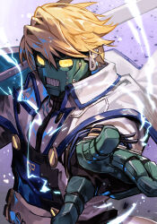 1boy blonde_hair clothed_robot electricity electrokinesis guilty_gear guilty_gear_xx holding holding_sword holding_weapon humanoid_robot hungry_clicker key_in_head light_particles long_sleeves looking_at_viewer male_focus metal_skin object_through_head outstretched_arm over_shoulder robo-ky robot short_hair simple_background solo sword weapon weapon_over_shoulder winding_key