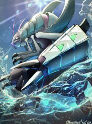 antennae blue_sky bo_(bouillustration) claws day from_side gen_7_pokemon golisopod highres nintendo no_humans pokemon pokemon_(creature) sky solo sunlight twitter_username water waves