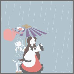 2girls :&lt; arm_up black_eyes black_trim blue_background blue_eyes blue_hair blue_skirt blue_vest brooch brown_hair commentary_request dress fangs feet_out_of_frame geta heterochromia holding holding_umbrella imaizumi_kagerou jewelry karakasa_obake kujiraya long_hair long_sleeves looking_up medium_hair multiple_girls oil-paper_umbrella parted_bangs purple_umbrella rain red_dress red_eyes shirt simple_background skirt smile solid_oval_eyes swept_bangs tatara_kogasa tongue tongue_out touhou two-tone_dress umbrella very_long_hair vest white_dress white_shirt wide_sleeves