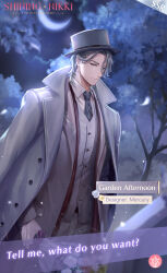1boy artist_request black_necktie bouquet buttons character_name closed_mouth coat coat_on_shoulders collared_coat collared_jacket collared_shirt commentary copyright_name cowboy_shot crescent_moon dress_pants earrings elf english_commentary english_text expressionless eyes_visible_through_hair flower formal_clothes graveyard grey_coat grey_eyes grey_hair grey_hat grey_jacket grey_pants grey_suit grey_vest hair_over_one_eye hat highres holding holding_bouquet jacket jewelry lapels layered_sleeves light_frown light_particles logo long_sleeves looking_at_viewer male_focus mercury_(shining_nikki) moon necktie night night_sky nikki_(series) notched_lapels official_art open_clothes open_jacket outdoors pants petals pinstripe_pattern pinstripe_vest pocket pointy_ears pointy_nose rose second-party_source shining_nikki shirt short_hair sky solo suit tombstone top_hat tree vest white_flower white_rose white_shirt