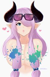 arms_behind_back blue_eyes blush breasts completely_nude convenient_censoring danxshirox draph eyewear_on_head granblue_fantasy hair_over_one_eye heart highres horns huge_breasts long_hair looking_at_viewer narmaya_(granblue_fantasy) nude open_mouth paint_splatter pointy_ears purple_hair sunglasses