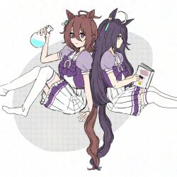 2girls agnes_tachyon_(umamusume) ahoge animal_ears back-to-back black_hair blush book bow bowtie breasts brown_hair brown_shoes closed_mouth commentary_request ear_tag earrings flask flat_chest frilled_skirt frills hair_between_eyes hand_up holding holding_book holding_flask horse_ears horse_girl horse_tail jewelry lala_lilas long_hair long_hair_between_eyes manhattan_cafe_(umamusume) medium_breasts medium_hair multicolored_hair multiple_girls pleated_skirt puffy_short_sleeves puffy_sleeves purple_bow purple_bowtie purple_shirt purple_trim red_eyes round-bottom_flask school_uniform shirt shirt_tucked_in shoes short_sleeves single_earring skirt smile tail tail_wrap thighhighs tracen_school_uniform umamusume very_long_hair white_hair white_skirt white_thighhighs yuri