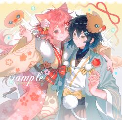 Rule 34 | 1boy, 1girl, animal ears, black hair, blue hair, boar mask, bow, braid, candy apple, cat ears, closed mouth, commission, floral print, flower, food, gradient hair, green eyes, guozi375, hair between eyes, hair flower, hair ornament, hairclip, hand fan, hashibira inosuke, hetero, highres, holding, holding fan, holding food, japanese clothes, kimetsu no yaiba, kimono, long hair, long sleeves, looking at viewer, mask, mask on head, multicolored hair, oc x canon, original, paper fan, pink hair, red eyes, short hair, smile, wide sleeves, x hair ornament
