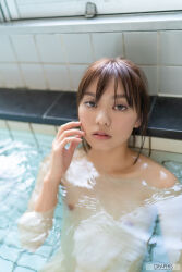Rule 34 | 1girl, black hair, close-up, collarbone, completely nude, flat chest, indoors, japanese (nationality), looking at viewer, monami suzu, nipples, nude, partially submerged, photo (medium), pool, real life, short hair, water, watermark