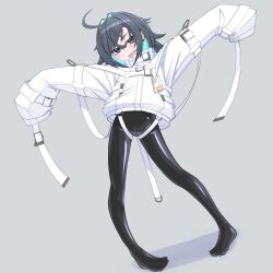 Rule 34 | 1girl, ahoge, belt buckle, black bow, black bowtie, black hair, blue eyes, blue hair, bodysuit, bodysuit under clothes, bow, bowtie, buckle, colored inner hair, crotch zipper, earrings, full body, grey background, hair intakes, highres, id card, jewelry, latex, latex bodysuit, looking at viewer, menou 74, multicolored hair, original, outstretched arms, oversized clothes, pigeon-toed, ringed eyes, sharp teeth, shiny clothes, skin tight, sleeves past fingers, sleeves past wrists, solo, spread arms, standing, straitjacket, teeth, two-tone hair