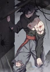 Rule 34 | 1boy, battle damage, black hair, black shirt, blood on shoulder, cowboy shot, dragon ball, dragon ball super, earrings, goku black, grey pants, highres, jewelry, male focus, medium hair, mo (db momo gb), muscular, muscular male, pants, potara earrings, red sash, sash, shirt, single earring, solo, spiked hair, torn clothes, torn shirt