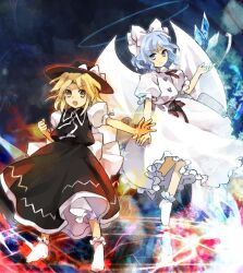 Rule 34 | 2girls, bat wings, black headwear, black skirt, black vest, blonde hair, bloomers, blue eyes, blue hair, closed mouth, commentary request, cryokinesis, dress, frilled dress, frilled sleeves, frills, hair ribbon, hat, highres, kaigen 1025, light blue hair, mai (touhou), medium hair, multiple girls, neck ribbon, no shoes, open mouth, puffy short sleeves, puffy sleeves, ribbon, shirt, short sleeves, skirt, smile, socks, tearing up, touhou, touhou (pc-98), underwear, v-shaped eyebrows, vest, white bloomers, white dress, white ribbon, white shirt, white socks, white wings, wings, yellow eyes, yuki (touhou)