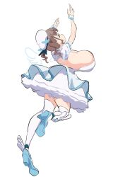 1girl arms_up bad_id bad_twitter_id blue_shoes breasts brown_hair closed_eyes cropped_shirt dress floating full_body hat high_heels highres huge_breasts layered_dress magical_girl original osakana_(kitasisn) shoes sidelocks simple_background solo strapless strapless_dress sugimori_futaba_(osakana) thighhighs twintails white_background white_dress white_hat white_thighhighs wings wrist_cuffs zettai_ryouiki