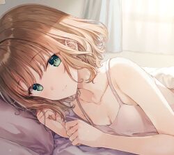 1girl bare_shoulders blonde_hair breasts camisole cleavage closed_mouth collarbone commentary_request curtains dot_nose green_eyes hashimoto_sana head_on_pillow hiten_(hitenkei) indoors light_blush light_particles looking_at_viewer lying on_bed on_side original pillow sidelocks small_breasts smile solo spaghetti_strap upper_body white_camisole window