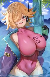 1girl bare_legs black_gloves blue_sky breasts covered_navel curvy day feet_out_of_frame gloves hair_over_one_eye highleg highleg_one-piece_swimsuit highres jacket jacket_on_shoulders klopsiak large_breasts looking_at_viewer one-piece_swimsuit one_piece orange_hair pink_eyes purple_one-piece_swimsuit shiny_clothes shiny_skin sky swimsuit vegapunk_lilith water water_gun wet wide_hips