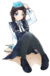 1girl 22/7 arm_support arm_up black_dress black_pantyhose black_shoes book book_on_head buttons closed_mouth curtained_hair double-breasted dress fallen_down full_body grey_hair highres keisanchuu_new_costume knees_up loafers long_hair long_sleeves neck_ribbon object_on_head orihara_sumika pantyhose parted_bangs pinafore_dress purple_eyes ribbon shirt shoes sleeveless sleeveless_dress solo sweatdrop trefle_r wavy_hair white_background white_ribbon white_shirt wince
