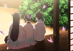 0702_yuwina animal_print black_hair bug butterfly butterfly_hairpiece butterfly_print facing_away hair_ornament hairpiece hairpin haori highres bug japanese_clothes kimetsu_no_yaiba kochou_kanae kochou_shinobu snake tsuyuri_kanao white_snake