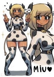 1girl animal_ears animal_print bell belt black_belt black_eyes blonde_hair blush boots braid breasts collar cow_ears cow_girl cow_horns cow_print cow_tail cowbell dark_skin double_v dress grin heart horns large_breasts long_hair long_sleeves looking_at_viewer miu_(tony_welt) multiple_views neck_bell original print_boots print_dress single_braid smile sparkle speech_bubble spoken_heart standing tail teeth thick_thighs thigh_boots thighs tony_welt v white_background white_boots white_dress wide_hips