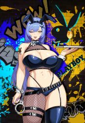 1girl absurdres animal_ears areola_slip bare_shoulders black_panties black_shorts black_thighhighs black_tube_top blue_hair breasts cocktail_glass cowboy_shot cuffs cup denim denim_shorts drinking_glass eyeshadow f.b.w fake_animal_ears fishnet_pantyhose fishnets garter_straps girls&#039;_frontline handcuffs highleg highleg_panties highres holding holding_tray large_breasts leotard long_hair makeup navel one_eye_closed panties pantyhose playboy_bunny purple_eyeshadow rabbit_ears short_shorts shorts shoulder_tattoo single_leg_pantyhose solo strapless tar-21_(girls&#039;_frontline) tattoo thighhighs tongue tongue_out tray tube_top underwear yellow_eyes