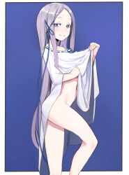 1girl absurdres bare_legs blue_background blue_eyes blue_ribbon blush border cinn_angl clothes_lift collarbone colored_eyelashes commentary dress dress_lift english_commentary hair_ribbon highres lifting_own_clothes long_hair looking_at_viewer looking_to_the_side naked_poncho off_shoulder outside_border pandora_(re:zero) re:zero_kara_hajimeru_isekai_seikatsu ribbon ribbon-trimmed_dress ribbon_trim single_bare_shoulder smile solo standing very_long_hair white_border white_dress white_hair