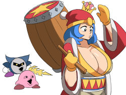 1girl 2boys blue_eyes blue_hair breasts cape cleavage crown earrings galaxia_(sword) genderswap genderswap_(mtf) hammer highres huge_breasts humanization jewelry king_dedede kirby kirby_(series) mario_(series) mask meta_knight multiple_boys new_super_mario_bros._u_deluxe nintendo open_mouth pogchamp_(meme) short_hair super_crown super_smash_bros. tina_fate weapon wings