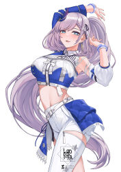 Rule 34 | 1girl, aqua eyes, arm up, asymmetrical clothes, asymmetrical sleeves, blue shirt, braid, braided bangs, breasts, bright pupils, center frills, collared shirt, cowboy shot, cropped shirt, detached sleeves, feather hair ornament, feathers, frills, grey hair, hair ornament, hand up, highres, hololive, hololive idol uniform (color rise), hololive indonesia, idol clothes, landacdeus, large breasts, long hair, looking at viewer, midriff, mismatched sleeves, multicolored shirt, navel, official alternate costume, open mouth, pants, pavolia reine, ponytail, puffy detached sleeves, puffy short sleeves, puffy sleeves, shirt, short sleeves, simple background, single detached sleeve, single pantsleg, single sleeve, solo, swept bangs, very long hair, virtual youtuber, white background, white pants, white pupils, white shirt