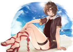 1boy alternate_costume arm_support bad_anatomy beach brown_hair closed_mouth crossed_legs doushite gladiator_sandals granblue_fantasy high_heels legs looking_at_viewer male_focus outdoors red_sandals red_shorts sandalphon_(granblue_fantasy) sandals shorts smile solo strappy_heels thigh_strap toes
