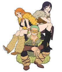 1boy 2girls artist_logo black_boots black_hair black_pants blue_eyes blunt_bangs boots breasts cape capelet cleavage clenched_teeth commentary crop_top cross-laced_clothes cross-laced_top earrings english_commentary full_body fur_leg_warmers goggles green_cape green_hair head_rest highres jewelry leg_warmers logo long_hair ltenie multiple_girls nami_(one_piece) nami_(one_piece)_(elbaf) nico_robin nico_robin_(elbaf) one_piece orange_capelet orange_eyes orange_hair pants roronoa_zoro scar scar_across_eye scar_on_face shoulder_pads sidelocks simple_background sitting sitting_on_person squatting teeth thigh_strap white_background wristband