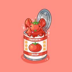 animal_focus canned_soup charongess commentary english_commentary food food_art food_focus foodification looking_at_viewer mouse_(animal) no_humans original red_background smile soup tomato tongue tongue_out