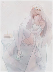 1girl absurdres alternate_costume bare_shoulders blonde_hair blue_archive blush bridal_veil closed_mouth collarbone dress elbow_gloves feathered_wings flower gloves hair_between_eyes hair_flower hair_ornament high_heels highres hyperlin3x long_hair looking_at_viewer nagisa_(blue_archive) pink_flower shoes sidelocks smile solo strapless strapless_dress thighhighs veil wedding_dress white_dress white_flower white_gloves white_shoes white_thighhighs wings yellow_eyes