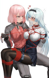 2girls black_pantyhose commission female_commander_(girls&#039;_frontline) gag gagged girls&#039;_frontline girls&#039;_frontline_2:_exilium grazelz high-waist_skirt highres improvised_gag long_hair multiple_girls pantyhose red_eyes restrained shibari sitting skirt smile tape tape_gag thunder_(girls&#039;_frontline) white_background yuri