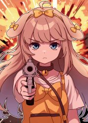 Rule 34 | 1girl, absurdres, ahoge, aiming, animal ears, bell, blue eyes, bow, bow hairband, brown collar, brown hair, butter (trickcal), closed mouth, collar, collarbone, commentary, dog ears, dog girl, droopy ears, ear bow, explosion, explosion background, gun, hairband, handgun, highres, holding, holding gun, holding weapon, jingle bell, long hair, looking at viewer, neck bell, pocket, shirt, short sleeves, solo, spaghetti strap, straight-on, trickcal, upper body, v-shaped eyebrows, vector (dmlddmld00), weapon, white shirt, yellow bow, yellow shirt