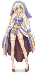 1girl arch_bishop_(ragnarok_online) bad_id bad_pixiv_id blonde_hair blue_eyes eeeeee fang female_focus fishnet_thighhighs fishnets garter_belt high_heels highres long_hair no_panties ragnarok_online shoes solo thighhighs