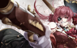 1girl antique_firearm bicorne blurry blurry_foreground breasts commentary_request crop_top detached_sleeves dual_wielding fenrir_(fenlil0316) firearm firelock flintlock foreshortening gloves gun hair_ribbon hat heterochromia highres holding hololive houshou_marine houshou_marine_(1st_costume) long_hair medium_breasts no_eyepatch partial_commentary pirate red_eyes red_hair red_ribbon ribbon sleeveless solo twintails virtual_youtuber weapon yellow_eyes