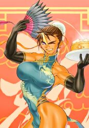 1990s_(style) 1girl angela_(kasaki_yoshihiko) bamboo_steamer steamed_bun bare_legs biceps black_gloves bladed_fan blonde_hair blue_dress breasts brown_hair bun_cover character_request check_commentary china_dress chinese_clothes chinese_zodiac commentary_request copyright_request covered_navel dragon_print dress earrings elbow_gloves folding_fan food furrowed_brow gloves hair_bun hand_fan holding holding_knife holding_tray jewelry kasaki_yoshihiko knife kunai large_breasts looking_at_viewer multicolored_hair muscular muscular_female no_panties one_eye_closed original pelvic_curtain print_dress purple_eyes retro_artstyle short_hair single_hair_bun solo streaked_hair stud_earrings tan thick_eyebrows thick_thighs thighs toned toned_female tray weapon year_of_the_dragon