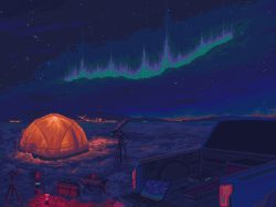 animated animated_gif aurora backpacking_stove computer cup fire highres kettle kldpxl lamp laptop looping_animation motor_vehicle mug night night_sky no_humans original outdoors pickup_truck pixel_art portable_stove sky steam telescope tent toolbox truck winter