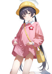 1girl absurdres bag bare_legs beads black_hair blue_archive clothes_lift dress dress_lift eco_376124 flat_chest gluteal_fold hair_beads hair_ornament halo hat highres huge_filesize kindergarten_bag kindergarten_uniform kisaki_(blue_archive) kisaki_(kindergarten_uniform)_(blue_archive) kneeling light_smile loli long_hair long_sleeves looking_at_viewer name_tag no_panties no_shoes official_alternate_costume pink_dress school_hat simple_background smock socks solo twintails very_long_hair white_background white_socks yellow_bag yellow_hat