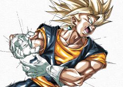 Rule 34 | 1boy, blonde hair, blue dougi, blue shirt, dougi, dragon ball, dragonball z, earrings, faux traditional media, green eyes, highres, jewelry, male focus, medium hair, muma maximum76, muscular, muscular male, orange shirt, potara earrings, shirt, simple background, solo, spiked hair, super saiyan, super saiyan 1, upper body, vegetto, white background