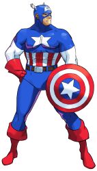Rule 34 | 1990s (style), 1998, 1boy, absurdres, american flag, american flag print, belt, bengus, blue pants, boots, capcom, captain america, flag print, full body, game cg, gloves, highres, male focus, marvel, marvel vs. capcom, mask, muscular, non-web source, official art, pants, red boots, red gloves, retro artstyle, shield, solo, star (symbol), superhero costume