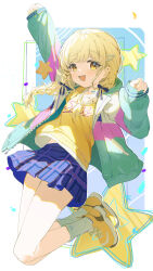 1girl absurdres arm_up blonde_hair bow coria fang fujita_kotone full_body gakuen_idolmaster hair_bow hair_ornament hairclip hand_up highres idolmaster jacket jumping long_hair long_sleeves looking_at_viewer open_clothes open_jacket open_mouth shirt shoes skirt smile socks solo white_socks yellow_eyes yellow_shirt yellow_shoes