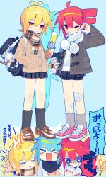 &gt;_&lt; 3girls =_= ahoge akita_neru antenna_hair aoi_tsuyu backpack bag bandaid bandaid_on_leg black_scarf black_socks blue_hair blush brown_coat brown_scarf brown_socks closed_eyes closed_mouth coat double-parted_bangs drill_hair eating fang feet gauze gauze_on_leg hair_between_eyes hatsune_miku kasane_teto kneehighs miniskirt mouth_hold multiple_girls namine_ritsu niconico open_mouth pleated_skirt red_eyes red_hair scarf shirt shoulder_bag skirt socks speech_bubble striped_clothes striped_shirt sukone_tei terebi-chan triple_baka_(vocaloid) twin_drills utau vocaloid white_coat white_scarf winter_clothes winter_coat yokune_ruko yowane_haku