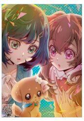 2girls :o blue_hair brown_hair delicious_party_precure dog flower frills fuwa_kokone green_eyes hair_ornament hands_on_own_chest highres kamikita_futago looking_at_another multiple_girls nagomi_yui open_mouth pam-pam precure purple_eyes short_hair two_side_up
