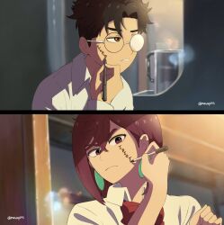 Rule 34 | 1boy, 1girl, absurdres, artist name, ayase momo, black hair, body switch, bow, bowtie, brown eyes, brown hair, commentary, dandadan, drawing on own face, earrings, glasses, highres, jewelry, kimi no na wa., loose bowtie, masoq, medium hair, parody, parted lips, personality switch, red bow, red bowtie, round eyewear, school uniform, shirt, short hair, takakura ken (dandadan)