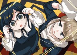 2girls :o blue_jumpsuit blue_skirt breasts collared_shirt commentary_request frilled_shirt frills from_above fukurai_azami glasses hands_on_eyewear hands_up highres jasmine_(toshi_densetsu_kaitai_center) jumpsuit limited_palette long_sleeves looking_at_viewer looking_up medium_breasts multiple_girls open_mouth semi-rimless_eyewear shirt short_hair skirt standing toshi_densetsu_kaitai_center white_shirt yamada_fgm